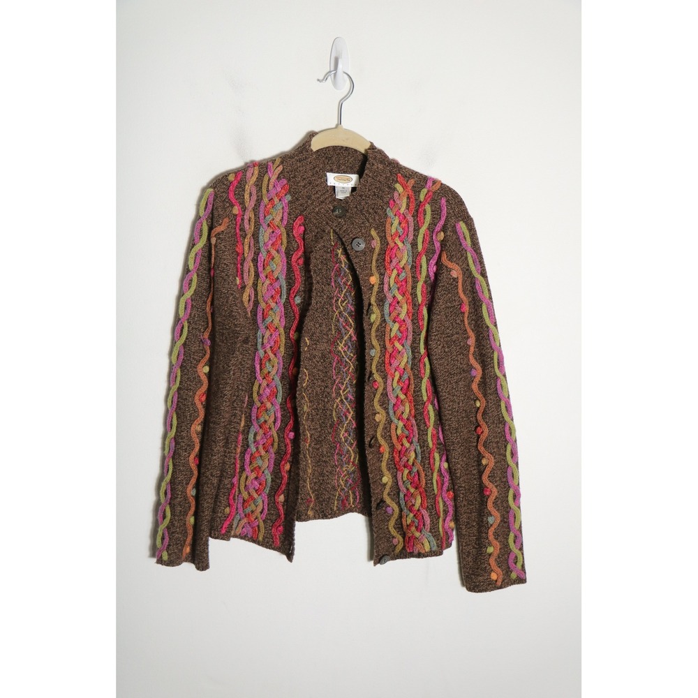 Vintage 90s Talbots Brown 3D Knit Cardigan MP Lambswool Cotton Boho Art Teacher